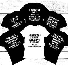 six black and white t - shirts with the names of five different companies on them