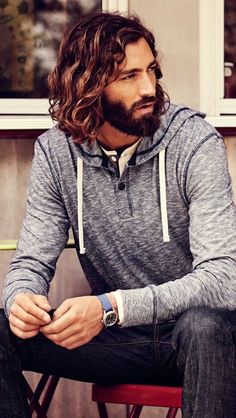 Best beard-and-zip-up-hoodie-in-the-perfect-shade-of-grey = this shaggy hottie Long Hair And Beard, Popular Haircuts, Man Bun, Long Curly Hair, Cool Haircuts