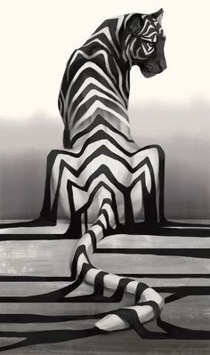 a black and white photo of a zebra sitting on top of a striped floor with its mouth open