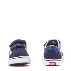 Keep your kids' look classic in the Vans Old Skool V toddlers' sneakers. Originating from the popular Old Skool, the Old Skool V features the same infamous sidestripe, suede uppers, and padded collars. These skate shoes go the long haul no matter what your day has in store. Two hook and loop straps for secure fit. Sturdy canvas and suede uppers. Re-enforced toecaps to withstand wear and tear. Midsole cushioning for all-day comfort. Padded collars for support and flexibility. Signature Vans waffl Sporty Vans Skate Shoes For School, Vans Sporty Non-slip Sneakers, Sporty Non-slip Vans Sneakers, Vans Sneakers For Skateboarding, Vans Skateboarding Sneakers, Vans Low-top Sneakers For School, Sporty Vans Sneakers For School, Sporty School Sneakers By Vans, Navy Vans Sneakers With Round Toe