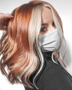 Edgy Strawberry Blonde Hair, Split Hair Natural Color, Copper Hair White Money Piece, Ginger And Blonde Color Block Hair, Auburn With Blonde Underneath, Copper Orange Balayage, Ginger Split Dyed Hair, Copper And Platinum Hair, Red Hair With White Money Piece