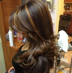 Gold Streaks In Brown Hair, Chunky Highlights With Curtain Bangs, Different Brown Hair Colors Ideas, Dark Brown Hair With Amber Highlights, Brown Hair With Highlights With Layers, Carmel Highlights On Brown Hair Chunky, Dyed Hair Black, Brown Streaks In Black Hair, Dyed Hair Brunette