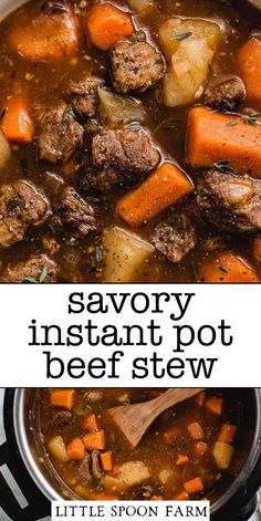 a pot full of beef stew with carrots and potatoes