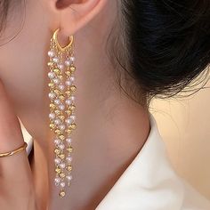 Dainty But Lengthy Pearl Tassel Hoop Earrings, Pearl Ball, Gold Ball Tassel Earrings, Small Hoop Earrings, Drop Earrings Earrings Small Hoop, Ear Accessories, Small Hoop Earrings, Earrings Pearl, Earrings Drop, Tassel Earrings, Hoop Earrings