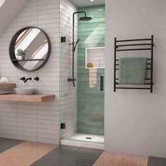 a bathroom with a sink, mirror and shower stall in the middle of the room