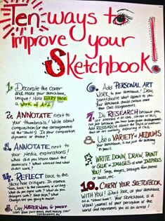 a whiteboard with writing on it that says ten ways to improve your sketchbook