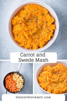 carrot and sweet mash in white bowls with spoons next to it on a gray surface