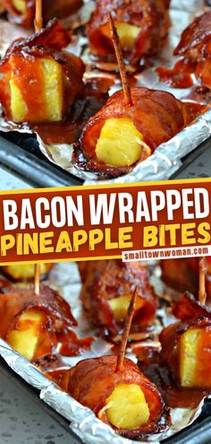 bacon wrapped pineapple bites on a baking sheet with toothpicks in the middle