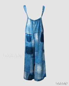 Lasaky - Denim Look Print Wide Leg Suspender Jumpsuit Casual Denim Jumpsuits And Rompers For Vacation, Blue Denim Jumpsuit For The Beach, Blue Denim Jumpsuit For Beach, Sleeveless Blue Denim Jumpsuit For The Beach, Sleeveless Blue Denim Jumpsuit For Beach, Blue Sleeveless Denim Jumpsuit For Beach, Suspender Jumpsuit, Womens Jumpsuits Casual, Jumpsuit Casual