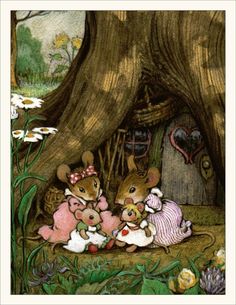 two mice are sitting in front of a tree with flowers and a heart on it