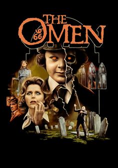 the omen movie poster with an image of two people in front of tombstones