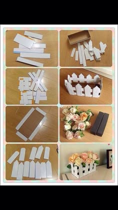 several pictures of cut out paper houses and flowers