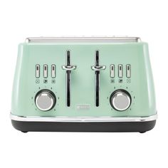 a green toaster sitting on top of a white table