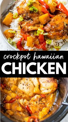 crockpot hawaiian chicken with rice and vegetables in the slow cooker is shown