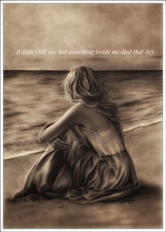 a drawing of a woman sitting on the beach looking out at the ocean with an inspirational quote above her