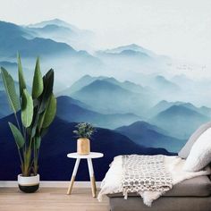 Blue Foggy Mountains Wall Mural Wallpaper Glue, Mountain Wall Mural, Large Wall Murals, Foggy Mountains, Fairy Wallpaper, Wallpaper Stores, Castle Wall, Highland Homes, Kids Room Wallpaper