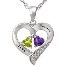 Express your affection with this gorgeous couple's necklace featuring two heart-shaped birthstones nestled at the center of a heart pendant. White lab-created sapphires add sparkle to the design, which is crafted in your choice of metal. The pendant can be customized with your names (up to 10 letters each) for an extra personal touch. May Birthstone Heart Pendant Necklace, Personalized Heart Pendant Birthstone Necklace For Anniversary, Personalized Heart Birthstone Necklace For Anniversary, Heart-shaped May Birthstone Necklace, Sterling Silver Heart Pendant Birthstone Necklace, Personalized Heart Cut Birthstone Necklace For Anniversary, Heart Pendant Birthstone Necklace For May, Silver Heart-shaped Birthstone Necklace For Anniversary, Heart-shaped Birthstone Jewelry For Anniversary