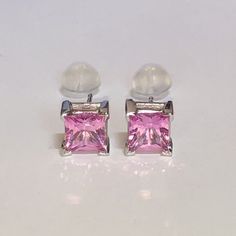 Beautifully Vintage. Solid, Stamped 14k White Gold Stud Earrings. Princess Cut, Unknown Pink Gemstones. Substantial Size. Unisex Mens Womens Design. Pink Gemstones, Possibly Topaz, Sapphire, ... ? Comfortable Silicone Backings. Price Is Firm Please, No Trades. White Gold Stud Earrings, Princess Cut Gold, White Gold Earrings Studs, Gemstone Stud Earrings, Gold Stud Earrings, Gemstone Studs, Pink Gemstones, Gold Stud, Princess Cut