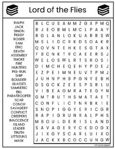 the lord of the flies word search is shown in black and white with an image of books