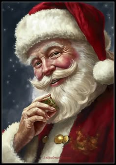 a painting of santa claus holding a piece of christmas food in his hand and smiling