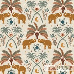 an elephant and palm trees pattern on a beige background with blue, red, and orange colors