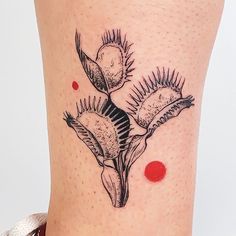 a woman's leg with a tattoo on it that has flowers and dots in the background