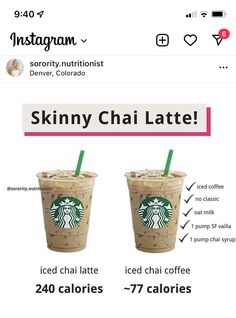 two cups of starbucks drink are shown with information about the different drinks they have in them