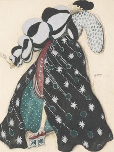 a drawing of a woman in a black dress with green and white flowers on it