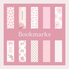 a pink bookmarks with hearts and flowers on it's side, in different colors