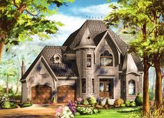 this is an artist's rendering of a house in the woods