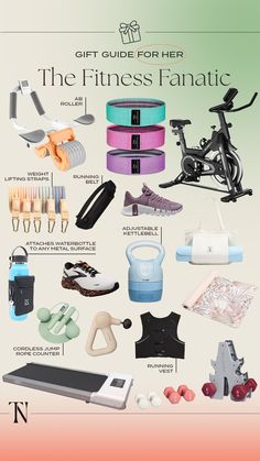 the gift guide for the fitness fanatic is shown in this graphic above it's contents