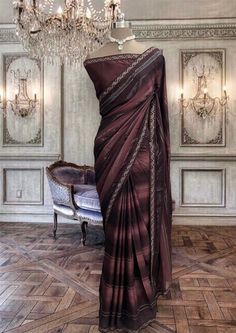 Beautiful brown satin georgette saree with art silk blouse piece Net Blouses, Crepe Saree, Net Saree, Party Kleidung, Brown Satin, Velvet Blouses, Purple Satin, Georgette Saree, Organza Saree