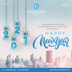 a happy new year greeting card with hanging ornaments and cityscape in the background