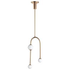 three light brass chandelier with two white glass balls hanging from the bottom, on an isolated metal rod