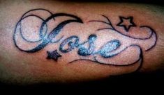 a tattoo with the word love written in cursive writing and stars on it