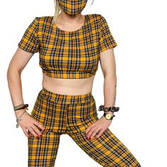 This Is A Crucial Outfit In My Personal Wardrobe Right Now And I’m Offering A Chance For You To Make One Yours As Well. 3 Piece Jumpsuit Includes Yellow And Black Checkered Face Mask (1), Cropped Tee Shirt (1), And Pair Of Scrunched Leg High-Waisted Trousers (1). Brand New, No Tags. Did Not Come With Tags. Never Worn. Size Small. 95% Polyester, 5% Spandex Brand Is Good Time Usa Very Soft And Comfortable! Price Firm. Denim Jumpsuit Overalls, High Neck Jumpsuit, Overalls Vintage, Vintage Hip Hop, Silk Romper, Cropped Tee Shirt, Flare Jumpsuit, Linen Jumpsuit, Ruffle Romper