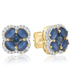 This matching pair of women's earrings features 10 blue sapphires and 48 round brilliant cut lab grown diamonds. All diamonds are set in solid 10k yellow gold with 10k yellow gold medium weight push backs.. Blue Sapphire Diamond Earrings With Halo Setting, Sapphire Diamond Accented Earrings In Fine Jewelry, Fine Jewelry Sapphire Diamond Earrings, Sapphire Diamond Earrings With Accents, Blue Diamond Earrings With Diamond Accents, Blue Diamond Earrings With Accents, Blue Diamond Earrings For Anniversary, Sapphire Diamond Earrings With Prong Setting, Sapphire Diamond Round Cut Earrings