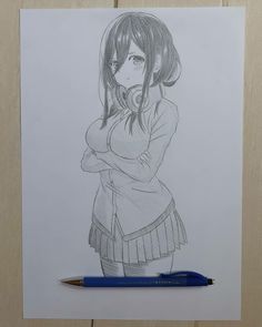 a pencil drawing of a girl with her arms crossed