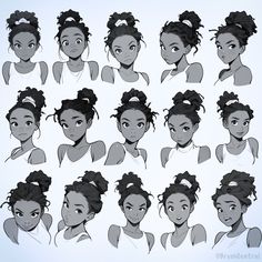 an animation character's head and various hairstyles for different ages, from black to white