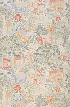 an old wallpaper with flowers and houses on the side in orange, blue, green, yellow