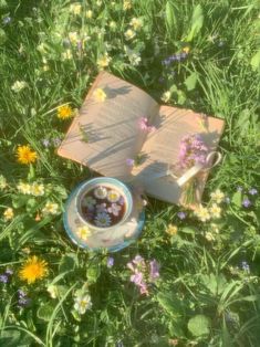 an open book sitting on top of a lush green field filled with wildflowers