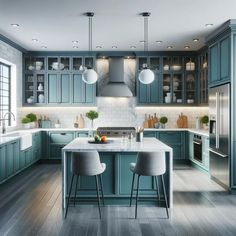 a large kitchen with blue cabinets and white counter tops, two bar stools at the center