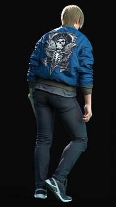 a person in black pants and a blue jacket with a skull design on the back