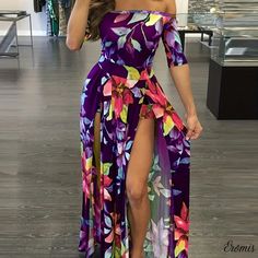 Eromis - Floral Print Boho Romper with Overskirt: Elegant Off-Shoulder Jumpsuit with Skirt, Womens Fashion Maxi Romper Dress, Sukienki Maksi, Side Split Maxi Dress, Beach Party Dress, Long Summer Dresses Maxi, Maxi Romper, 파티 드레스, Bohemian Maxi Dress, Split Maxi Dress