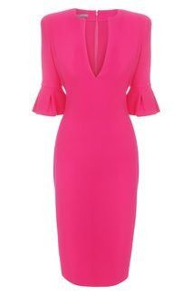 Chic Pink Midi V-neck Dress, Elegant Pink Ruffled Bodycon Dress, Elegant Pink Bodycon Summer Dress, Elegant Pink Bodycon Dress For Summer, Pink Ruffled Bodycon Midi Dress, Elegant V-neck Bodycon Dress With Ruffles, Pink Ruffled Bodycon Dress For Evening, Pink Fitted V-neck Dress For Date Night, Pink Bodycon Midi Dress With Ruffles