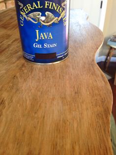 a can of general finishes lava gel stain on a wooden countertop in a kitchen