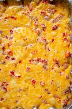 a casserole dish with cheese and meat in it