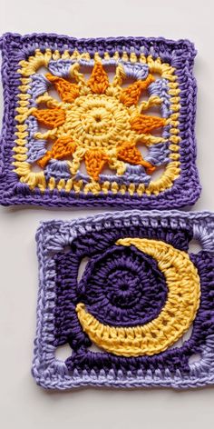 two crocheted squares with sun and moon designs on the top, one in purple and yellow