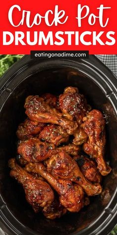 crock pot drumsticks in a slow cooker with text overlay