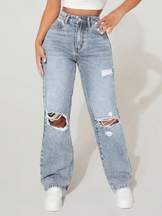 High-Waisted Ripped Loose Y2K Autumn And Winter Warm Jeans Thermal Denim Baby Blue Casual   Denim Plain Straight Leg Non-Stretch  Women Clothing, size features are:Bust: ,Length: ,Sleeve Length: Y2k Inspo, Petite Casual, Shein Clothing, Baseball Jackets, Denim Baby, Fashion For Petite Women, Teen Clothes, Christmas Outfits Women, Jeans Casual